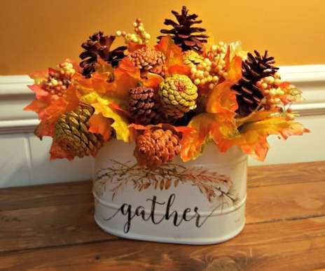 Fall Floral Arrangement with Painted Pine Cones - Modern on Monticello Pinecone Arrangements, Painted Pine Cones, Elegant Christmas Centerpieces, Natural Fall Decor, Fall Floral Arrangement, Small Pine Cones, Painted Pinecones, Gorgeous Centerpieces, Fall Floral Arrangements