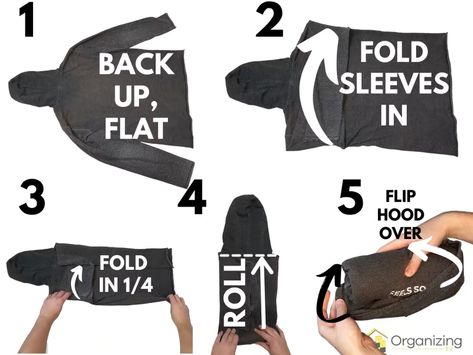 5 step-by-step photos on how to roll up a hoodie to save space Fold Hoodies To Save Space, Fold Clothes For Packing, Rolling Clothes For Packing, How To Fold Hoodies, How To Fold Sweaters, Tiny Backpack, Fold Clothes, Packing Folding, Packing Hacks Clothes