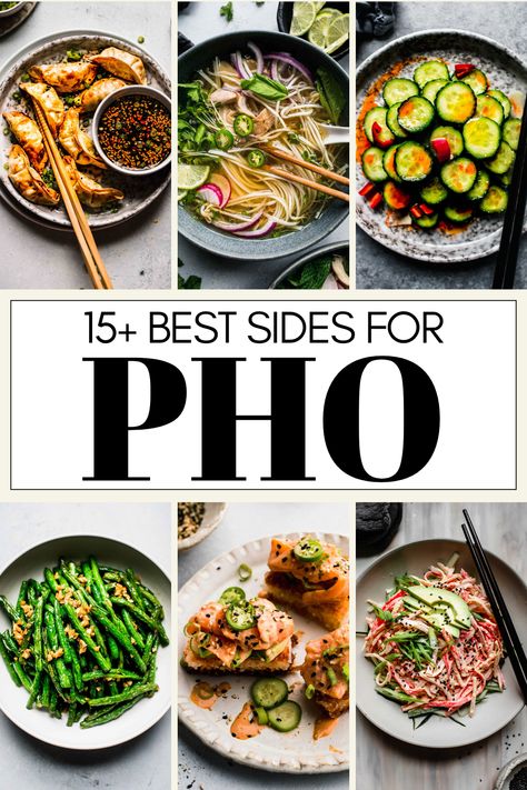 Wondering what to serve with Vietnamese Pho for dinner? Look no further! Here's a list of 15+ tasty side dishes for pho! These recipes are all quick, easy and delicious. Pho Dinner Party, Side Dishes For Pho, Hot Pot Sides, Pho Bar Party, Vietnamese Sides, Vietnamese Side Dishes, Pho Party, Vietnamese Appetizers, Chardonnay Food Pairing