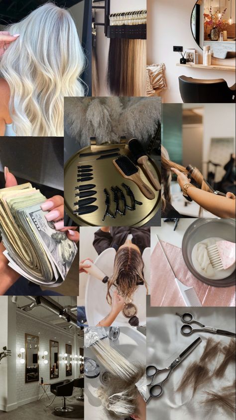 #aesthetic #hairstylist #visionboard #inspo Hairstylist Career, Beauty School Cosmetology, Hair Mood Board, Makeup Content, Salon Aesthetic, Hair Salon Pictures, Hairstylist Branding, Hair Salon Marketing, Beauty Careers