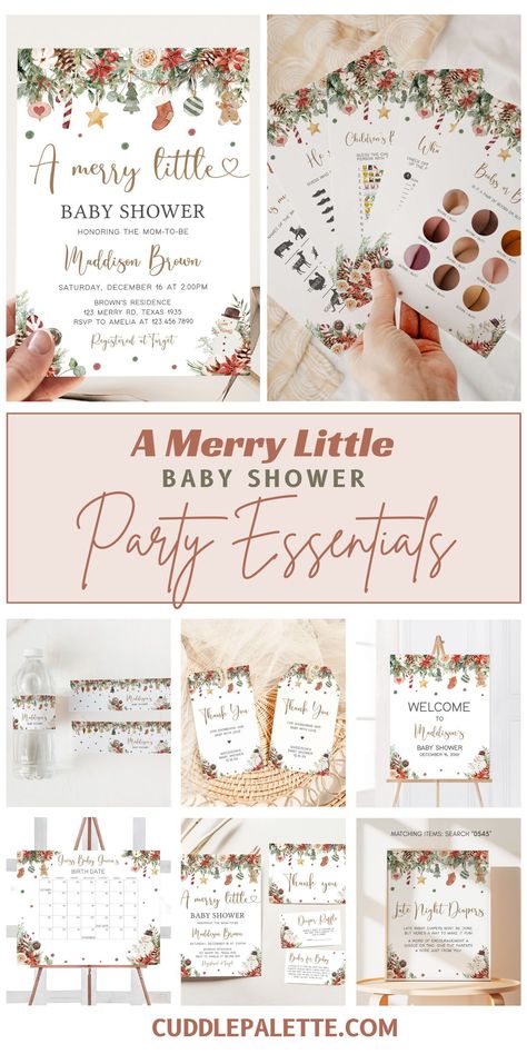 Treat your guests to a Christmas fantasy with our A Merry Little Baby Shower Baby Shower Party Essentials. Flip through our Boho Christmas-themed collection of invitations, party decors, and games to make your baby shower an extraordinary one. Click through and start planning! Baby Shower Christmas Theme Girl, Merry Little Baby Shower Theme, December Baby Shower Ideas, Games To Make, December Baby, Baby Shower Treats, Party Essentials, Perfect Baby Shower, Boho Christmas