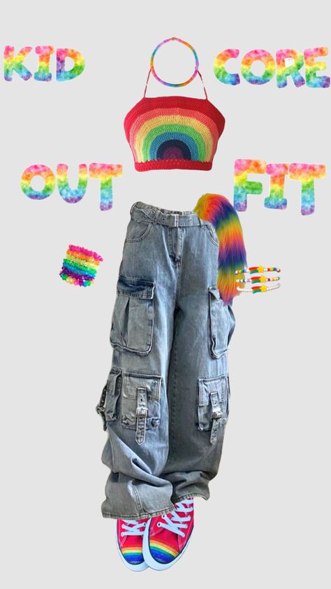 Kidcore fit!! #kidcore #rainbow #outfitidea #outfitideas #outfit #therian Male Kidcore Outfits, Rainbow Core Outfit, Kidcore Outfit Ideas, Kidcore Aesthetic Outfits, Kidcore Oc, Kidcore Rainbow, Weirdcore Outfits, Retro Kidcore, Kidcore Clothes