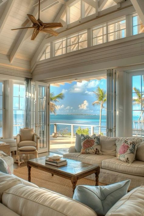 #decor Home In Florida, House By The Beach Aesthetic, Beach House Furniture Ideas, Summer House Aesthetic, Coastal House Interior, Modern Coastal Living Room, Summer Beach House, Beach House Living Room, Beach House Interior Design