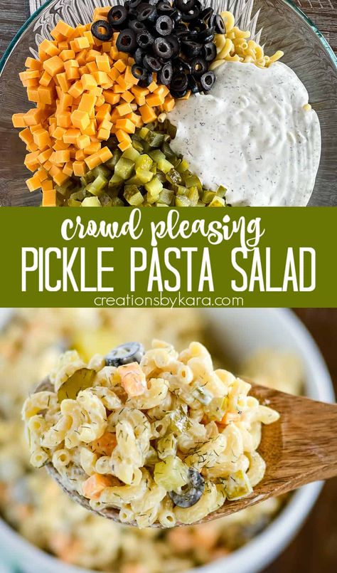 Craving a tangy and refreshing pasta salad? Look no further than this dill pickle pasta salad recipe. It's quick, easy, and full of flavor! #dillpicklepastasalad #dillpicklesalad @Creations by Kara Sweet Pickle Pasta Salad, Potluck Party Pasta Salad, Poolside Pasta Salad, Best Noodle Salad Recipes, Pickel Pasta Salad, Easy Meal Prep Lunches Cold, Ranch Packet Pasta Salad, Easy Dill Pickle Pasta Salad, Dill Pickle Ranch Pasta Salad