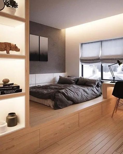 a contemporary bedroom with a platform bed with storage drawers, additional storage compartments on the left of the bed Small Sleeping Spaces, Small Bedroom Interior, Small Room Design Bedroom, Minimal Interior Design, Deco Studio, Small Room Design, Modern Bedroom Design, Room Design Bedroom, Minimalism Interior