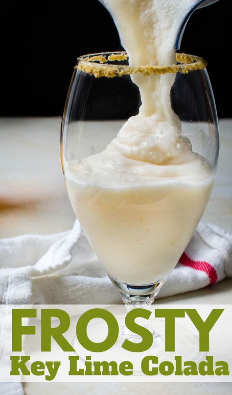 pouring key lime colada into a glass. Coco Real Cream Of Coconut Drink Recipes, Key Lime Colada Recipe, Coco Lopez Recipes, Lime Drink Recipes, Key Lime Drink, Key Lime Colada, Spiked Drinks, Banana Colada, Boat Drinks