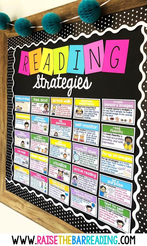 Back to School Reading Bulletin Board Literacy Manipulatives, Ela Bulletin Boards, Raise The Bar Reading, Reading Bulletin Board, Elementary Bulletin Boards, Reading Strategies Posters, Reading Bulletin Boards, Reading Strategy, Reading Posters