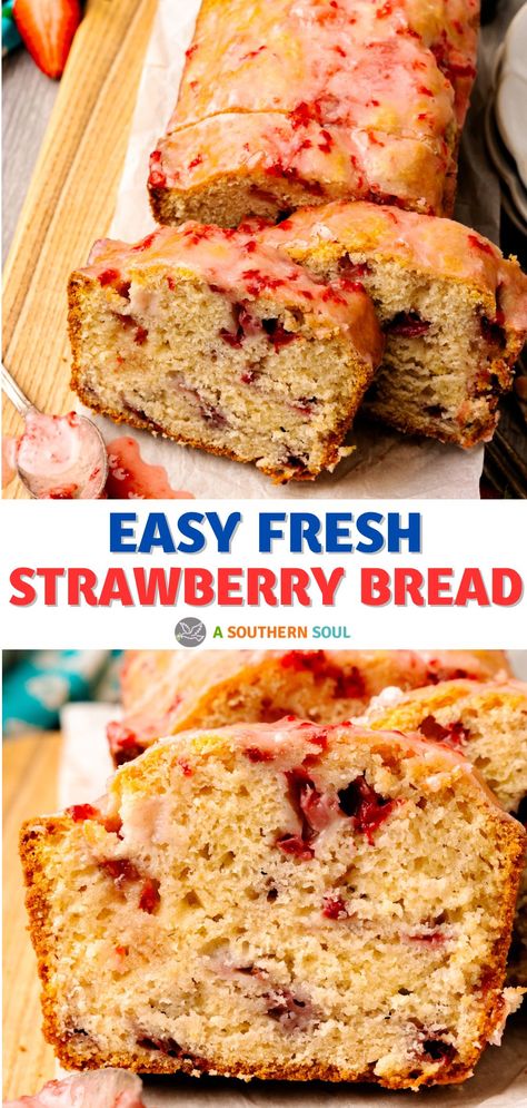 Fresh Strawberry Bread is a delectably moist and simple quick bread that’s incredibly easy to make and stunningly delicious! Fresh, sweet strawberries and rich vanilla are mixed into a quick batter, making this a great option for brunch, an afternoon snack, or dessert. Easy Breads To Make At Home, Strawberry Loaf Cake Easy, Fresh Strawberry Bread Recipe, Fresh Fruit Muffins, Strawberry Mini Loaves, Strawberry Bread Recipe Cake Mixes, Easy Loaves Recipes, Strawberry Sweet Bread, Strawberry Bread Machine Recipes