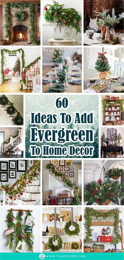 Decorating With Evergreens For Christmas, Christmas Decor With Greenery, Evergreen Christmas Decor, Evergreen Decorations, Evergreen Decor, Fraser Fir, Stair Decor, Branch Decor, Pine Branch