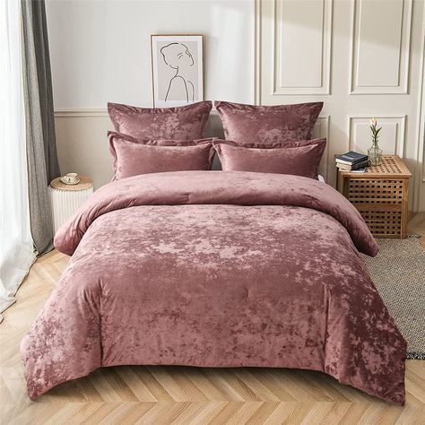 Distressed velvet, luxurious, super soft and comfortable. This comforter set is made of 100% polyester distressed velvet for the face and brushed microfiber fabric for the reverse. Both fabrics are finished for super soft handfeel. The fill is made of light weight down alternative polyester. This comforter set is light weight and warm, suitable for all seasons Mauve Bedding, Velvet Comforter, Velvet Duvet, Dusty Mauve, Velvet Bed, Blue Space, King Comforter Sets, Queen Comforter Sets, Soft Bedding