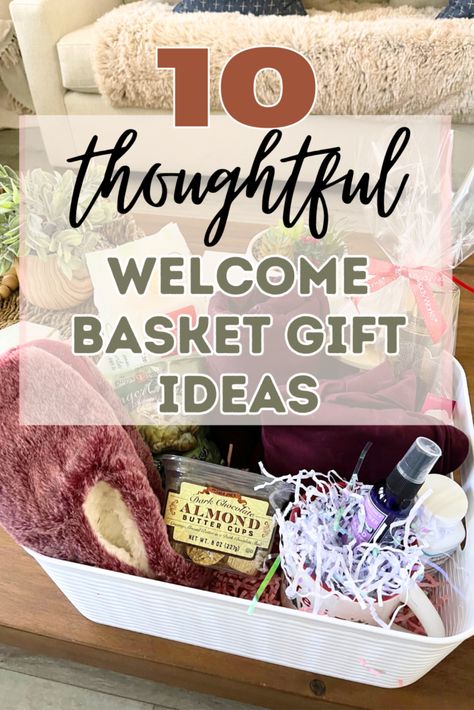 Gift Baskets For Guests Room, Hotel Welcome Gifts For Guests, Guest Gifts Overnight, Welcome Home Basket Ideas, Guest Room Baskets Welcome, Gift Basket For Guests, Ikea Gift Basket Ideas, Guest Care Package, Welcome To Neighborhood Gift Ideas