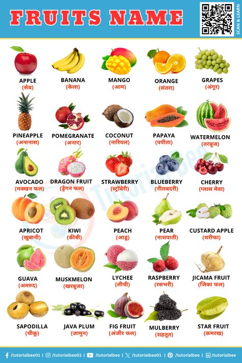 Learn 30 fruits name english to hindi. Fruits Names In English And Hindi, Fruits Name In Hindi, Fruits Name With Picture, Fruit Chart, Fruits Photography, Fruits Name, Vegetables List, Name For Kids, Hindi Poems For Kids