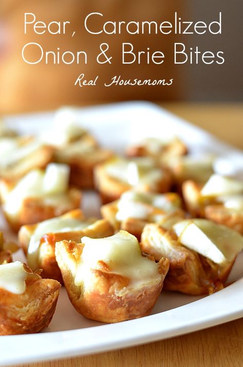 Pear, Caramelized Onion & Brie Bites | Real Housemoms | These are so good and they go fast! Brie And Caramelized Onion Tart, Savory Brie Bites, Pear And Brie Puff Pastry Tarts, Brie Tarts, Pear And Brie, Pear Brie, Pear Recipe, Savory Dessert, Caramelised Onion