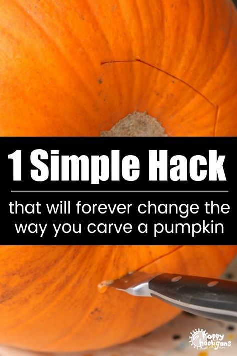 This pumpkin carving hack is a total game changer! You'll never carve your pumpkin the same way again! #HappyHooligans #HalloweenHack #PumpkinCarving #PumpkinTips #EasyCarving #Jackolanterntips #JackolanternHacks Christmas Pumpkins Carving, Pumpkin Carving Images, Pumpkin Carving Tricks, Pumpkin Carving Tips And Tricks, How To Carve A Pumpkin Easy, Winning Pumpkin Carving Contest Ideas, Easy Pumpkin Carving Ideas For Kids, Evil Pumpkin Carving, Scary Pumpkin Carvings