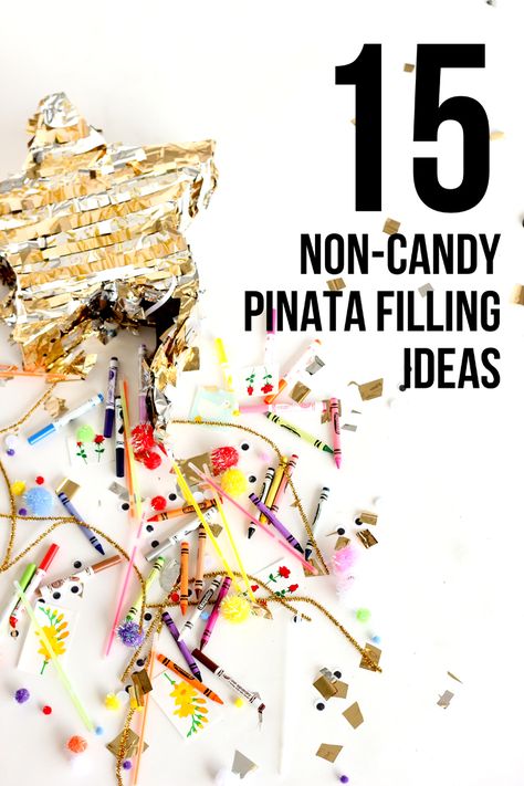 15 Non-Candy Pinata Filling Ideas // www.deliacreates.com Pinata Fillers Non Candy, Pinata Stuffer Ideas, Pinata Party Favors, Piñata Stuffing Ideas Not Candy, Piñata Gift Ideas, Non Candy Pinata Fillers, What To Put In A Pinata, Healthy Pinata Fillers, Piñata Stuffing Ideas