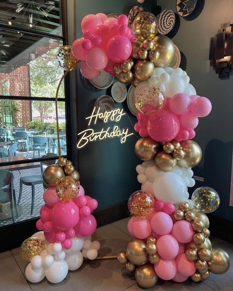 Pink Gold And White Birthday Party Decoration, Pink Amd Gold Balloon Garland, Balloon Garland Pink And Gold, Pink Gold White Balloon Garland, Coral Gold And White Balloon Arch, Gold And Pink Decorations Party Ideas, Balloon Decorations 21st Birthday, Pink Birthday Balloon Arch, Hot Pink White And Gold Party Decoration