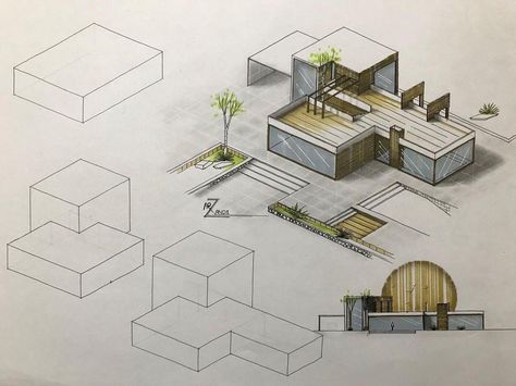 Mix Volumes In Architecture, Block Model Architecture, Conceptual Drawing Architecture, Easy Architecture Sketches For Beginners, Tree Concept Architecture, Concept Sketches Architecture, Concept Architecture Ideas Sketch, Parti Architecture, Croquis Architecture