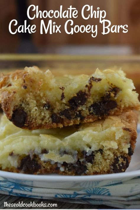 Chocolate Chip Cake Mix Gooey Bars Recipe - These Old Cookbooks Chocolate Chip Cake Mix Bars, Cake Mix Gooey Bars, Chocolate Chip Cookies Gooey, Gooey Bars Recipe, Cookies Gooey, Betty Crocker Chocolate Chip Cookies, Cake Mix Chocolate Chip Cookies, Magic Cakes, Chocolate Cake Mix Recipes