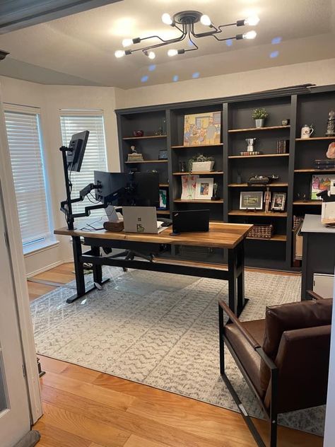 Mens Wfh Office, Men’s Study Decor, Home Office Setup Masculine, Office Decor Masculine Modern, Downstairs Home Office, Modern Work Office Design, Music Studio Office Design, Men’s Gaming Office, In Home Office Ideas For Men