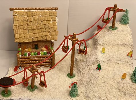 Massive Gingerbread House, Interesting Gingerbread Houses, Mountain Gingerbread House, Gramcracker House Ideas, Ginger Bread Village Ideas, Gingerbread House Ideas Ski Lodge, Gingerbread Ice Skating Rink, Gingerbread Roller Coaster, Christmas Ginger Bread House Ideas