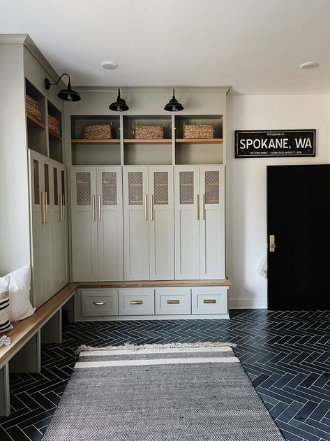 Laundry/Mudroom — Ryan Haus Interiors + Design Black Herringbone Tile Floor, Black Herringbone Floor, Black Herringbone Tile, Mudroom Remodel, Herringbone Tile Floors, White Cupboards, Laundry Room/mud Room, Mudroom Lockers, Mudroom Laundry Room