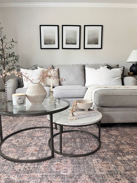 Nest Coffee Table Styling, Glass Nesting Coffee Table, Round Nesting Coffee Table Styling, Sectional Couch Coffee Table Ideas, Round Nesting Coffee Table Decor, How To Style Nesting Coffee Tables, Nesting Coffee Table Styling, Nesting Tables Decor Ideas, Glass Side Table Living Room