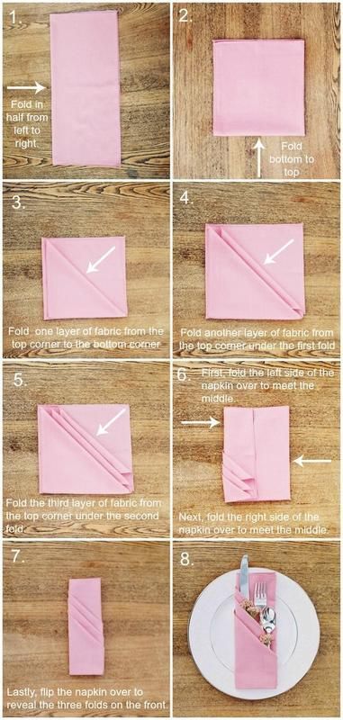 How To Fold Napkins, Napkin Folding Tutorial, Fold Napkins, Hadiah Diy, Tafel Decor, Pink Napkins, How To Fold, Napkin Folding, Cloth Napkin