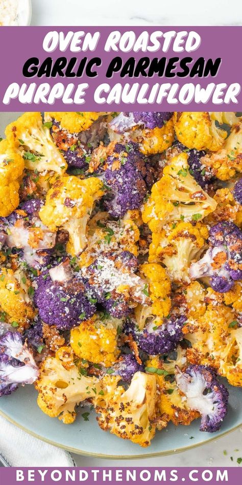 Oven Roasted Garlic Parmesan Purple Cauliflower recipe Purple Cauliflower Recipe, Oven Roasted Garlic, Cauliflower Roasted, Cauliflower Side Dish, Cauliflower Recipes Healthy, Roasting Garlic In Oven, Purple Cauliflower, Roasted Cauliflower Recipes, Vegetable Side Dish