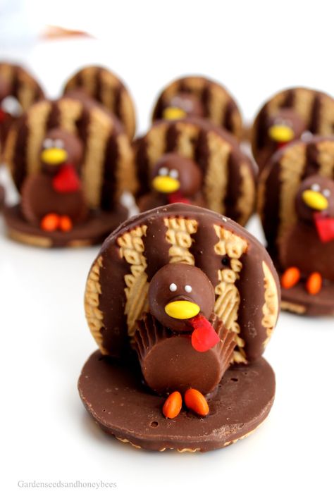 Turkey Cookie Treats - Garden Seeds and Honey Bees Thanksgiving Candy Crafts, Thanksgiving Turkey Cookies, Thanksgiving Food Crafts, Milk Balls, Turkey Cookie, Turkey Head, Fudge Stripe Cookies, Thanksgiving Desserts Kids, Valentine Cupcakes