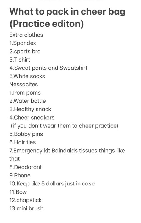 What To Bring To Cheer Tryouts, How To Become Cheer Captain, What To Bring To Cheer Practice, Sideline Cheer Tips, Cheer Packing List Competition, Cheer Game Day Checklist, What To Keep In Cheer Bag, Cheer Group Chat Names, Cheer Comp Checklist