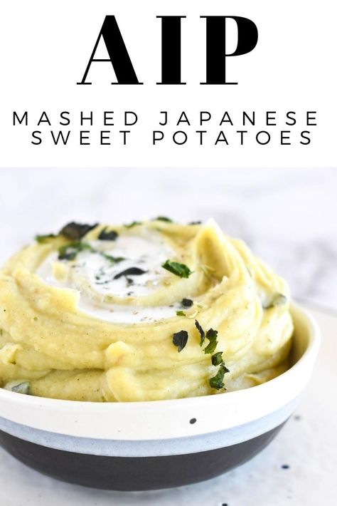 Japanese Mashed Potatoes, Aip Mashed Sweet Potatoes, Mashed White Sweet Potato Recipes, Mashed White Sweet Potatoes, Sweet White Potato Recipes, Vegan Aip Diet, Mashed Japanese Sweet Potatoes, Vegan Japanese Sweet Potato Recipes, Murasaki Potato Recipe