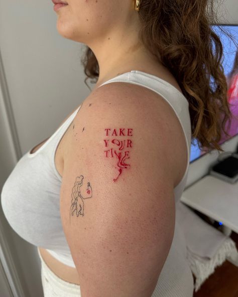 Take your time red ink melting lettering tattoo on girl’s arm Love Red Tattoo, Red Tattoo Quote, Melting Tattoo Ideas, Melting Font Tattoo, Red Ink Letter Tattoo, Red Patch Work Tattoo, Red Ink Tattoos Words, Melted Words Tattoo, Melting Letters Tattoo