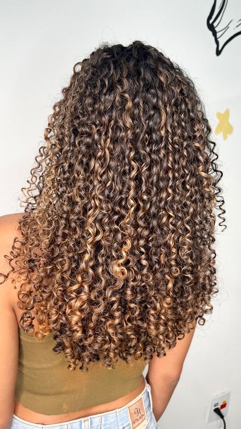 #highlights #curlyhairstyles Cute Highlights For Curly Hair, Copper Blonde Balayage Curly Hair, Sunkissed Balayage Curly Hair, Curly Honey Highlights, Streaky Highlights Curly Hair, Curly Dyed Hair Highlights, Caramel Curly Hair Highlights, Medium Length Curly Hair Balayage, Curly Hair Highlights And Lowlights Caramel