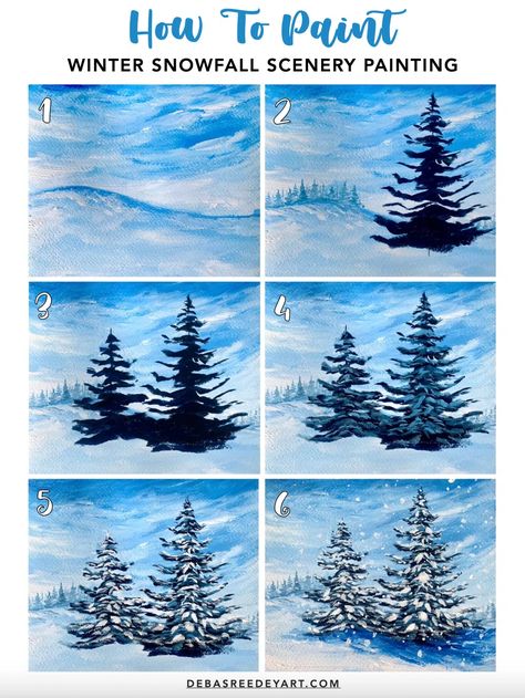 Winter Snowfall Scenery Painting - Easy Winter Painting Ideas For Beginners 8x10 Acrylic Paintings, Christmas Snow Painting, Easy Winter Tree Painting, Winter Paint And Sip Ideas Easy, Snowy Winter Painting, Winter Art Painting Easy, How To Paint Snowy Mountains, Snowy Paintings Acrylic, How To Paint Snow Acrylics