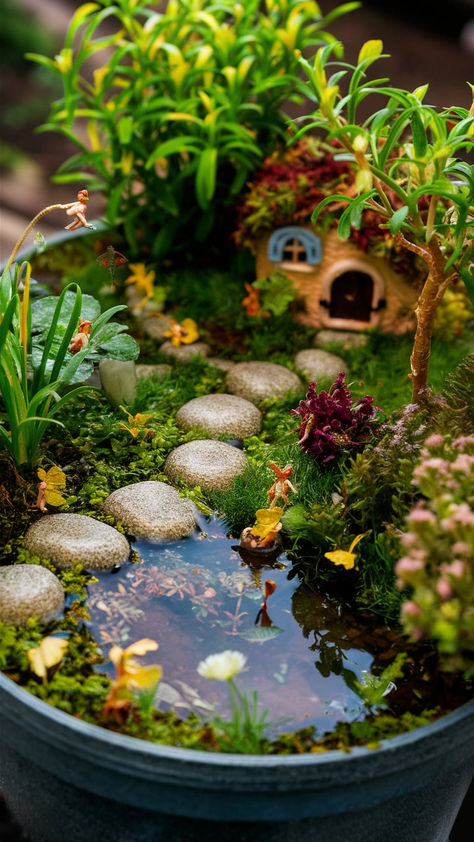 "Step into a whimsical wonderland with our enchanting indoor fairy tale garden ideas! 🌸🧚‍♂️ #GardenMagic #FairyTaleGarden" Pixie Garden Ideas, Fairy Garden Scene, Cute Fairy Garden Ideas, Fairy Village Garden, Mini Fairy Village, Fairy Garden House Ideas, Harry Potter Fairy Garden, Fairy Garden Diorama, Outdoor Fairy Garden Diy Landscapes