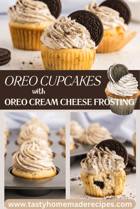 Flyer for Oreo Cupcakes with Oreo Cream Cheese Frosting Oreo Cream Cupcakes, Recipes With Oreo Crumbs, Creme Cheese Frosting, Oreo Cream Cheese Frosting, Oreo Cupcake Recipe, Oreo Cream Cheese, Cookies And Cream Cupcakes, Cookies And Cream Frosting, Moist White Cake