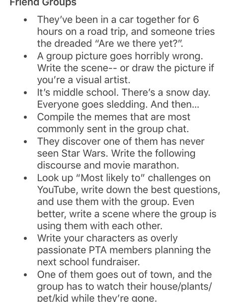 Writing Prompts to Get to Know Your Characters Better Writing Prompts Curses, Ot4 Prompts, Get To Know Your Character Writing Prompts, Fun Ways To Meet Characters, Parental Figure Writing Prompts, Group Writing Prompts, Writing Prompts Family, Friend Group Writing Prompts, Friend Group Prompts