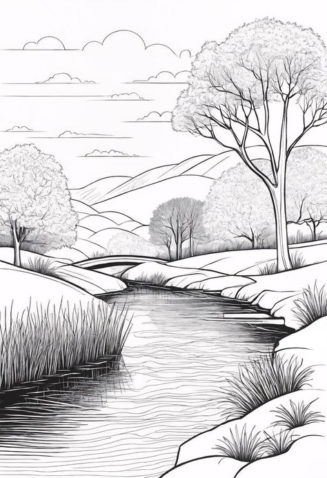 Premium Photo | A drawing of a river with trees coloring book illustration How To Draw River, Lake Drawing Simple, River Drawing Pencil, How To Draw A River, River Drawing Simple, Buddha Birth, Drawing Of Landscape, Landscape Ideas Drawing, Popular Coloring Pages