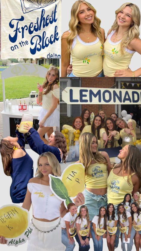 Sorority Bid Day and Big Little Reveal Lemon Theme! “Is my main squeeze” “Freshest off the block” also cute for bridal showers and birthday parties. Greek life or sorority life college and university! #sororitylife #sorority #biglittle #biglittlereveal #bidday #biddaytheme #biglittletheme #lemon #mainsqueeze #fresh #college #greeklife #university #friends #outfitinspo #props #friendposes #sororityphotos Sorority Party Themes, Sorority Social Themes, University Friends, Sorority Work Week, Sorority Recruitment Themes, Sorority Socials, Sorority Rush Themes, Sorority Party, Sorority Themes