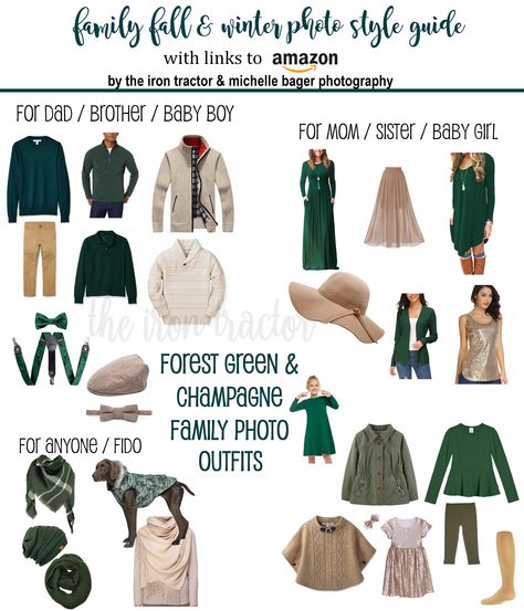 Taking the stress out of family pictures... clickable links take you straight to Amazon for color coordinated outfits in Forest Green & Champagne. These color palettes are perfect for fall and winter family photo sessions. Forest Green Christmas Pictures, Green And Ivory Family Photo Outfits, Family Photo Outfits Early Fall, Green Color Family Pictures, Christmas Photoshoot Green Outfits, Forest Green Photo Outfits, Green And Champagne Family Photos, Forest Green Color Palette Outfit, Fall Green Family Pictures Outfits