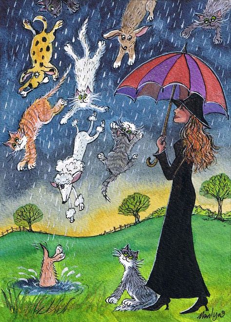 Raining Cats and Dogs Art Fantaisiste, Rain Art, Umbrella Art, Raining Cats And Dogs, Walking In The Rain, Art Et Illustration, Cats Illustration, Dog Images, Cats And Dogs