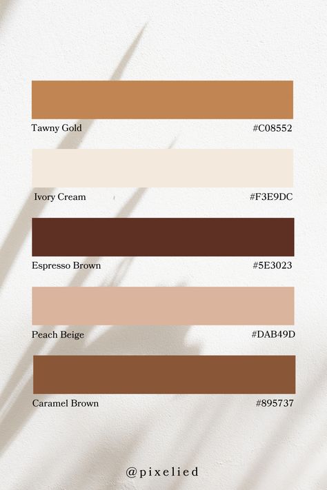 A warm earthy palette: Tawny Gold offers a rich, golden-brown hue. Ivory Cream brings a soft, creamy off-white. Espresso Brown adds a deep, dark brown reminiscent of coffee. Peach Beige introduces a warm, light peachy-beige. Caramel Brown rounds out the collection with a cozy, medium brown. Cream White Palette, Brown Tones Palette, Ivory Color Combinations, Caramel Color Palette, Golden Colour Palette, Rustic Color Palette, Room Shades, Color Scheme Generator, Cream Color Palette