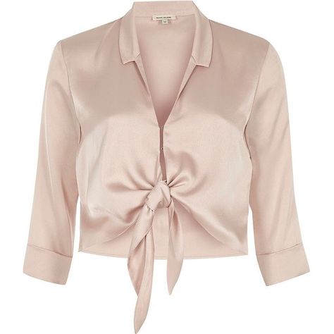 River Island Nude satin tie front shirt ($37) ❤ liked on Polyvore featuring tops, shirts, pink, satin shirt, 3/4 sleeve crop top, three quarter sleeve shirts, pink top and tie crop top Pink Satin Blouse, Three Quarter Sleeve Shirt, Shirts Crop Tops, Latest Clothing Trends, Tie Front Shirt, Shirts Crop, Satin Crop Top, Classic White Shirt, Pink Long Sleeve Shirt