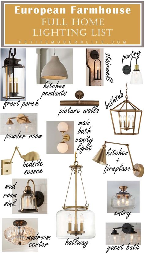 Farmhouse lighting shopping list for the whole house! Guest Bath Modern Farmhouse, Master Bath Ceiling Lighting, Cottage Farmhouse Lighting, Complementary Light Fixtures, French Farmhouse Lighting Fixtures, Modern European Farmhouse Interior, Decorating With Chandeliers, Possini Euro Lighting, European Farmhouse Chandelier