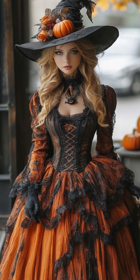 Orange And Black Witch Costume, Elegant Witch Aesthetic, Orange Witch Aesthetic, Vintage Halloween Backgrounds, Orange Witch Costume, Traditional Halloween Costumes, Witch Gown, Halloween Fashion Outfits, Fashion Costume Halloween