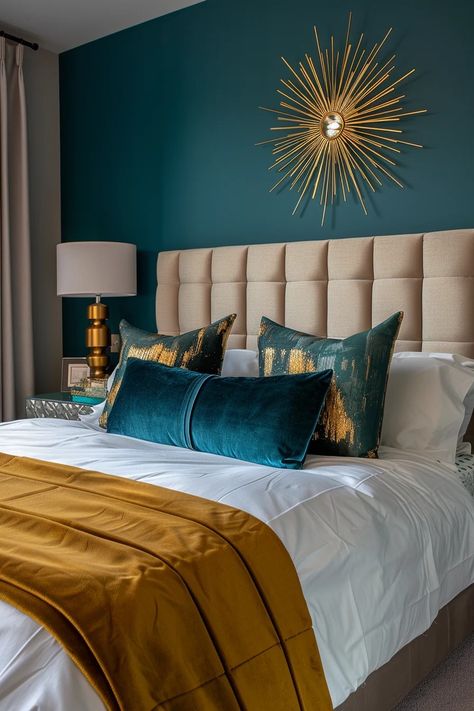 Teal Wall Decor Bedroom Ideas, Teal Mustard Bedroom, Dark Teal Room Ideas, Indian Themed Bedroom, Teal Wall Bedroom Ideas, Teal Decorating Ideas, Deep Teal Bedroom, Teal Room Ideas, Teal Bedroom Color Schemes