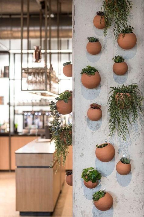 Cafe Plants Interiors, Green Cafe Design, Cafe Bistro Design, Resturant Ideas Design Interiors, Caffe Decoration, Cafe Shelves, Creative Cafe Interior, Cafe Plants, Wall Art Decor Ideas