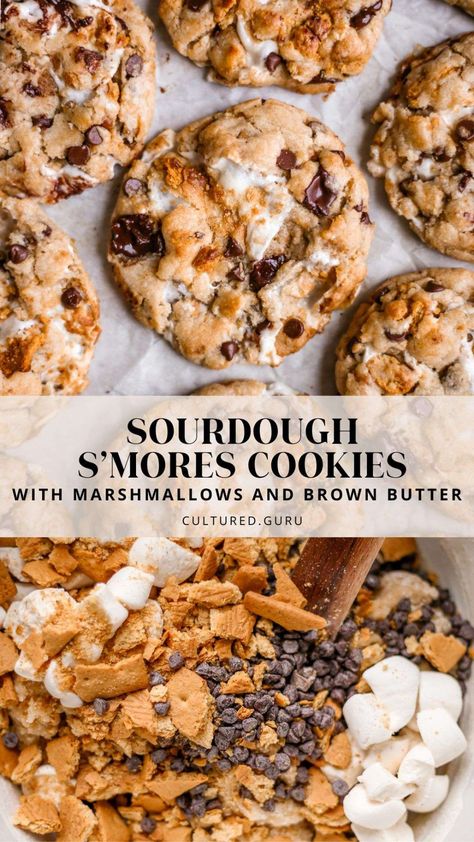 S'mores are a beloved campfire treat, but have you ever considered combining these gooey, chocolatey delights with cookies? Sourdough S'mores Cookies with Marshmallows and Brown Butter offer a delightful twist on the classic campfire snack. #sourdough #smores #cookies #marshmallows Cookies Sourdough, Cookies With Marshmallows, Campfire Snacks, Recipe Using Sourdough Starter, S Mores Cookies, Sourdough Starter Discard Recipe, Marshmallow Cookies, Homemade Sourdough Bread, Smores Cookies