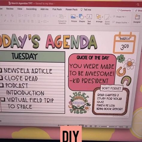 Agenda Classroom Board, Morning Powerpoint Classroom, Class Agenda Board, Teacher Daily Agenda Slides, Teacher Presentation Ideas, Powerpoint For Teachers, Classroom Agenda Board Elementary, Preppy Teacher Slides, Teacher Planning Organization