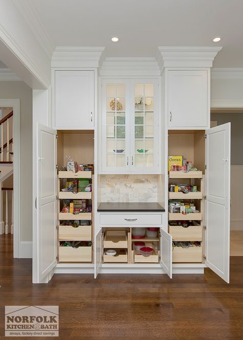 White Kitchen Pantry Cabinet, Desain Pantry Dapur, White Kitchen Pantry, Model Dapur, Kitchen Pantry Cabinet, Built In Pantry, Desain Pantry, Pantry Cabinets, Pantry Wall